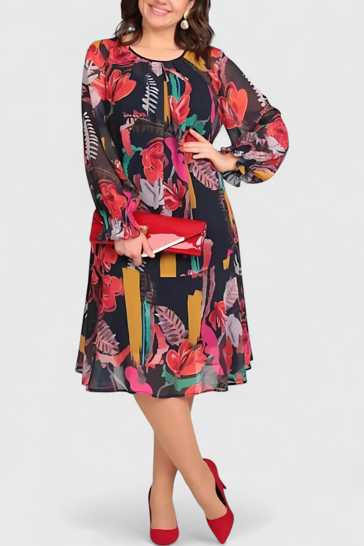 Annegret Midi Gėlių Suknelė su Ilgomis Rankovėmis ir Plazdančiu Siluetu