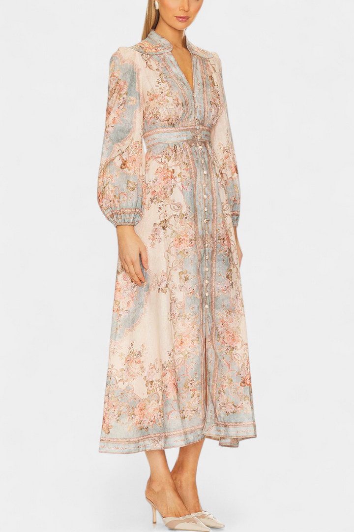 Dorotila Maxi Suknelė su Gėlių Raštu, Mygtukais ir Pūkuotomis Rankovėmis