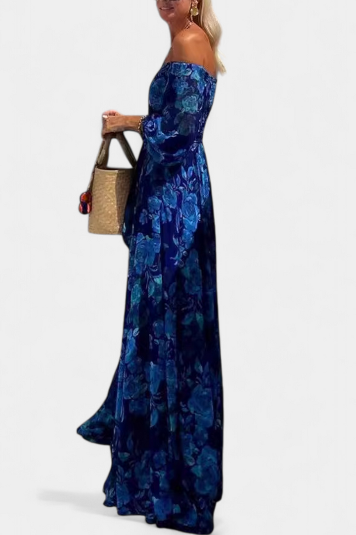 Davina Garais Suknelė Su Atvirais Pečiais ir Romantišku Gėlių Raštu