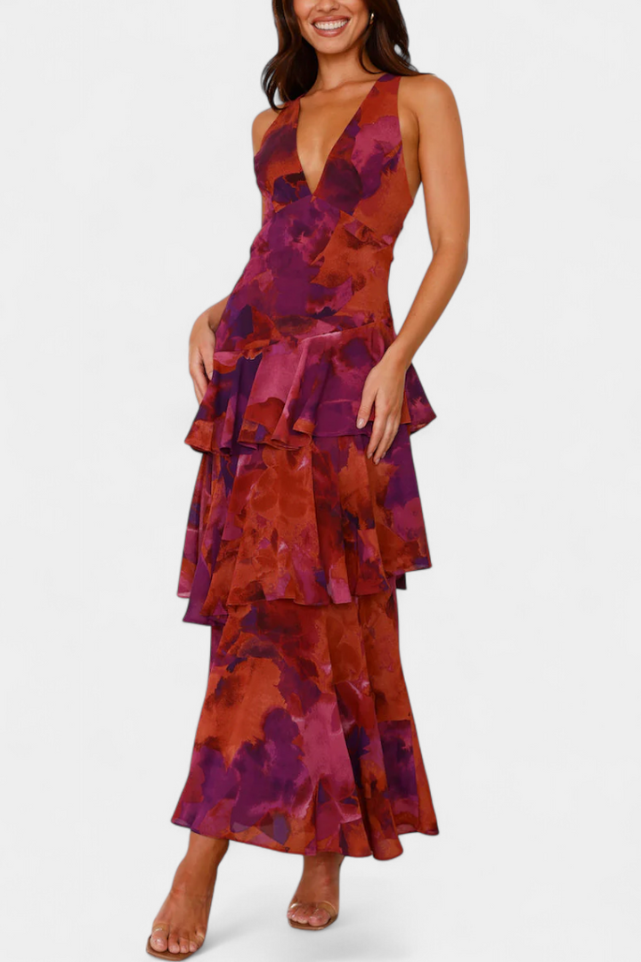 Domenica Oro Suknelė su V formos Dekolte ir Plazdančiomis Sluoksniais