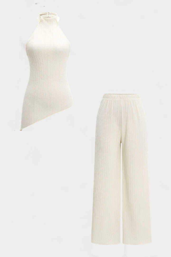 Pilarica Plisuotas Komplektas su Asimetriniu Halteriu ir Plaukuojančiomis Kelnėmis