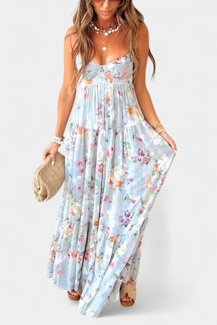 Neha Gėlių Suknelė su Atvira Nugarėle ir Plonomis Petnešomis