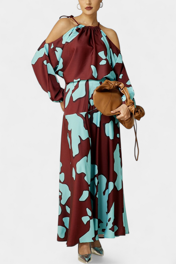 Monte Suknelė su Atviro Tipo Rankovėmis ir Abstrakčiu Raštu