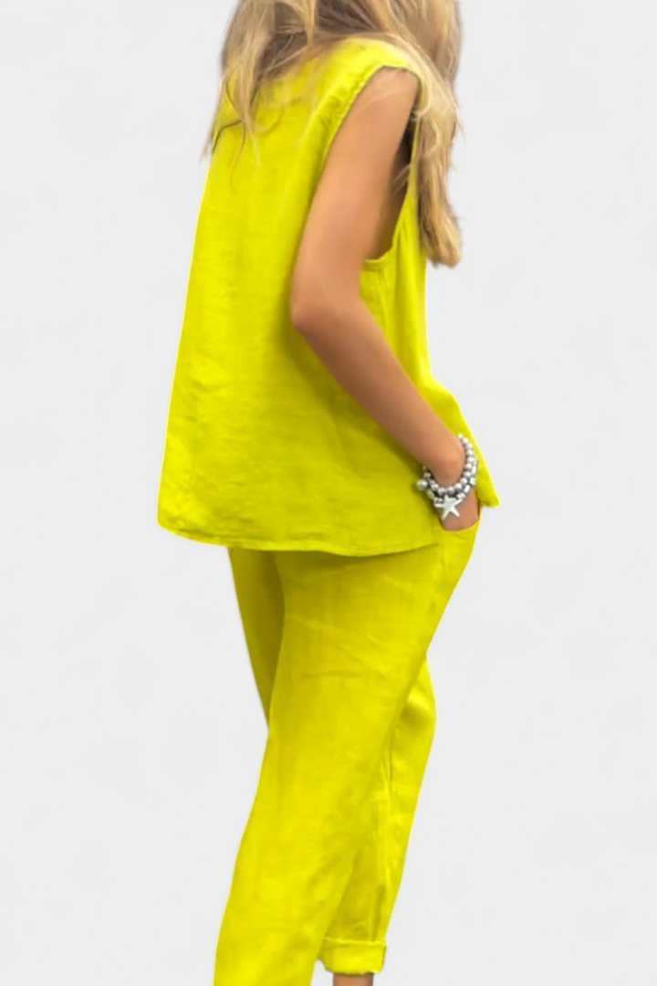 Leona be rankovių, medvilnės linas, liemenė ir kelnės