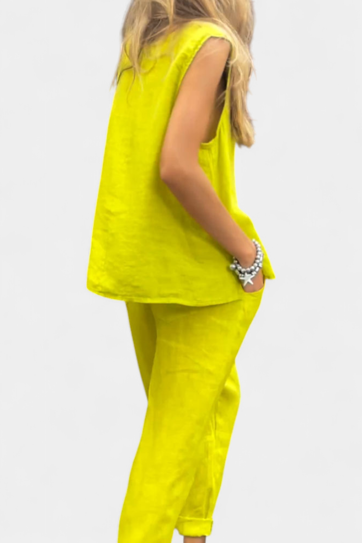 Leona be rankovių, medvilnės linas, liemenė ir kelnės