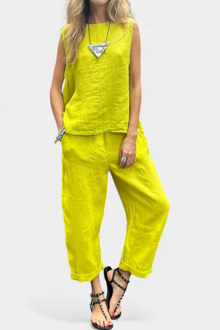 Leona be rankovių, medvilnės linas, liemenė ir kelnės